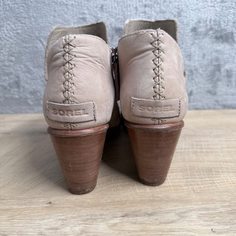 Sorel Lolla Peep Toe Bootie Womens 7 Beige Leather Stacked Heel Side Zip Shoes - Picture 9 of 12